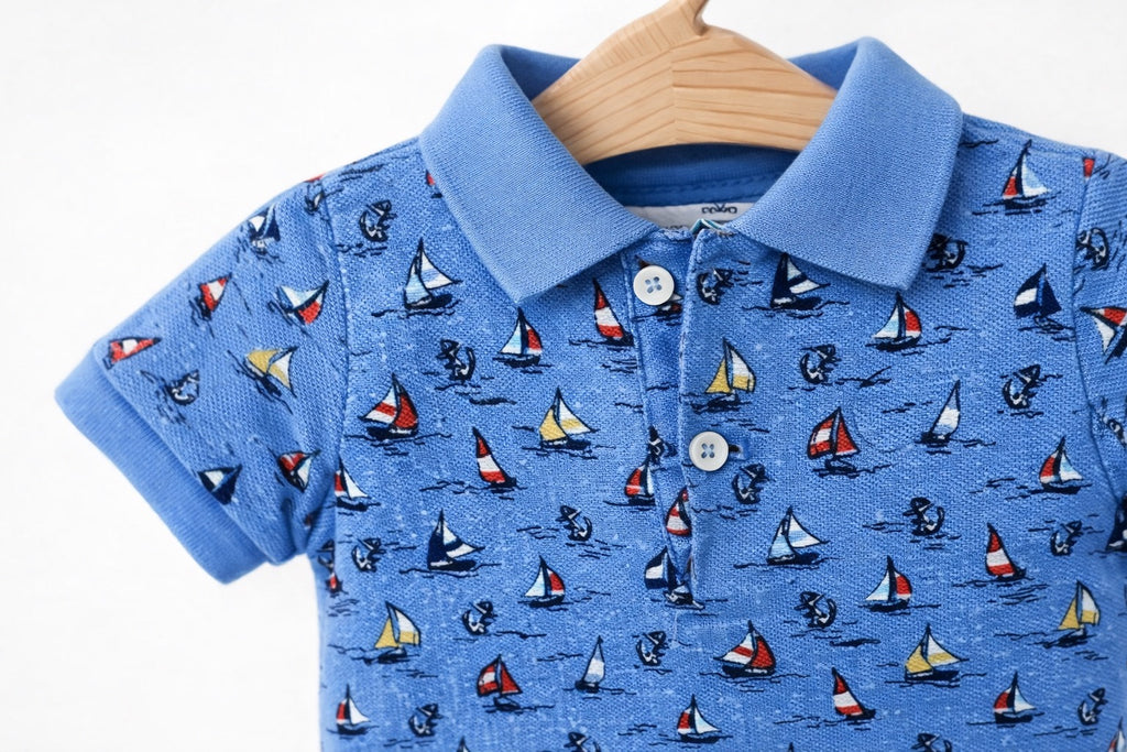 Sailboat-Print Cotton Mesh Polo Shortall