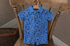 Sailboat-Print Cotton Mesh Polo Shortall