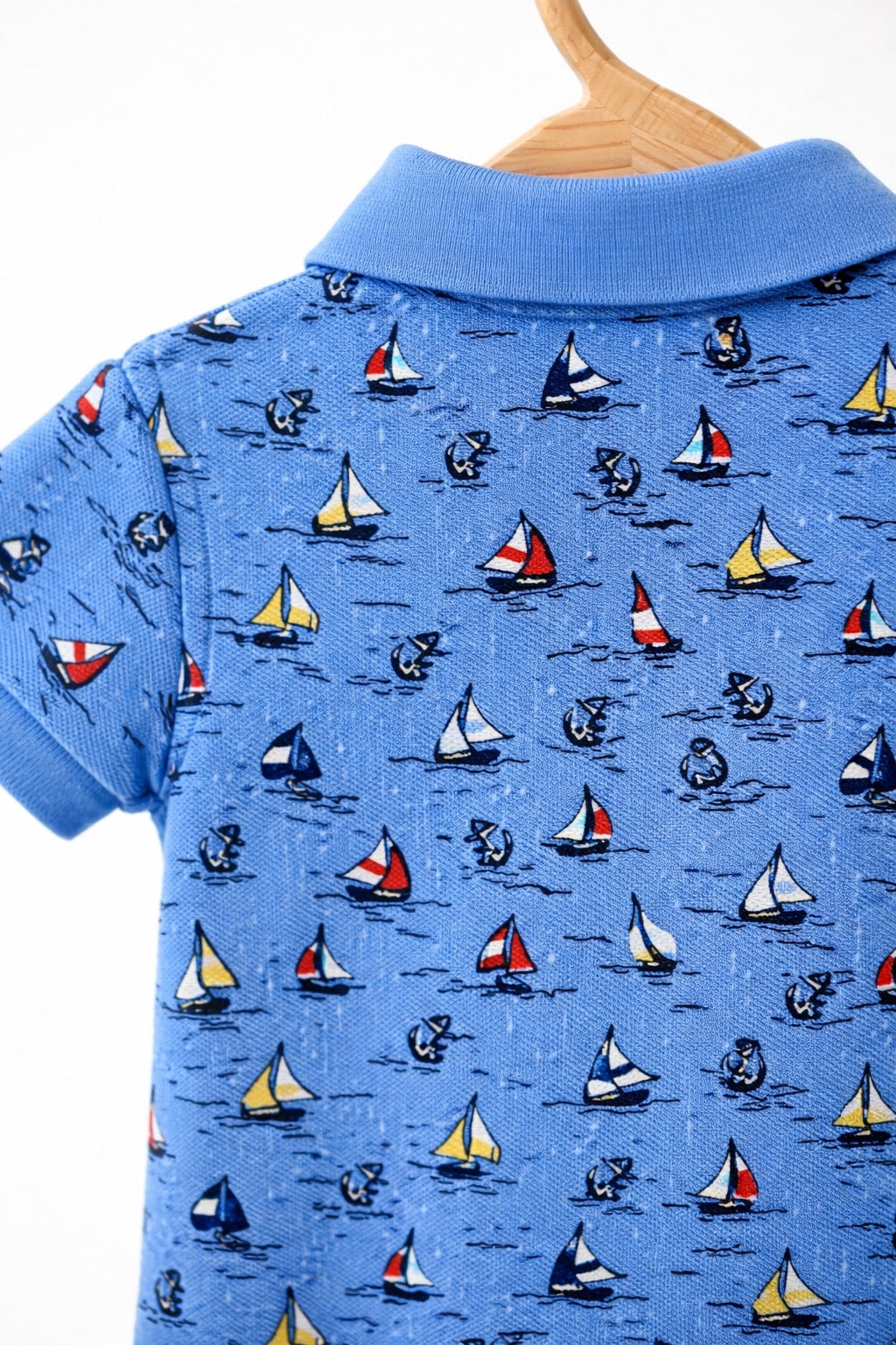 Sailboat-Print Cotton Mesh Polo Shortall