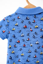 Sailboat-Print Cotton Mesh Polo Shortall